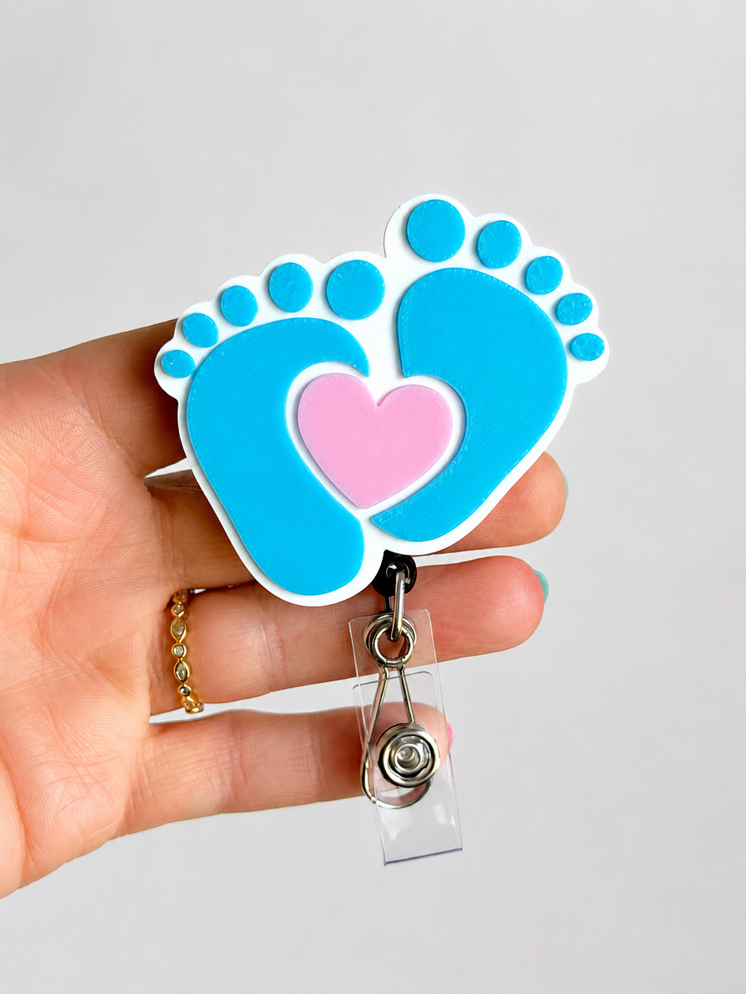 Tiny Toes Love Badge Reel – Heavy Duty Baby Feet Nurse Badge Holder in Blue & Pink