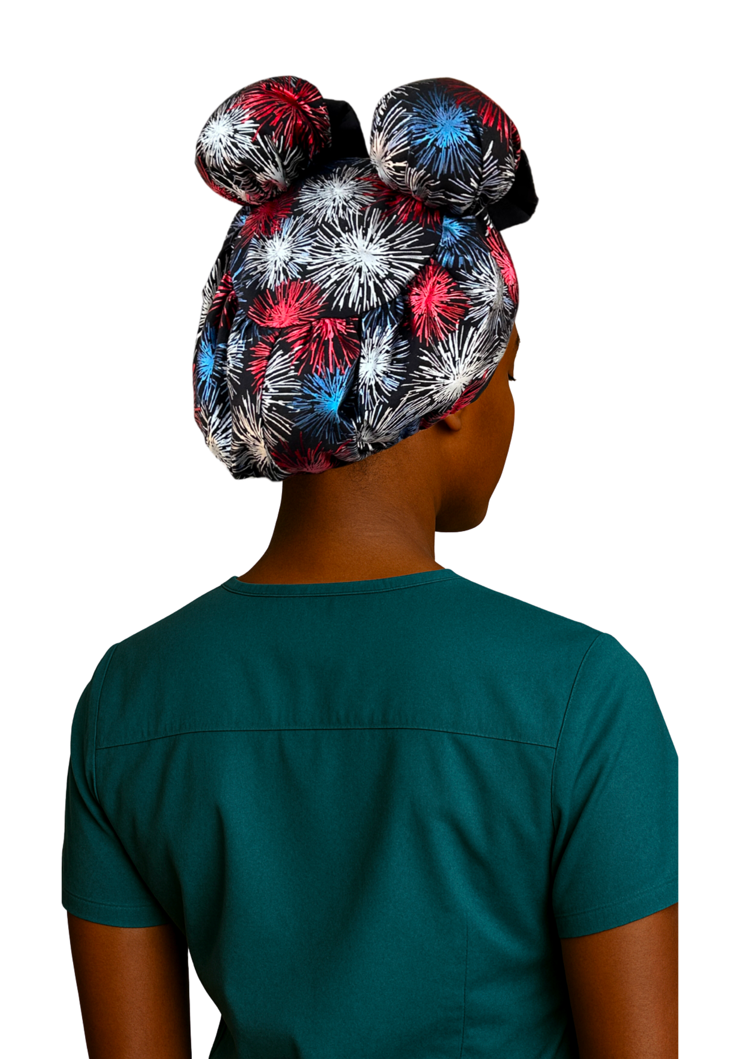 Fireworks ScruBunz – Featuring Bold Fireworks Scrub Cap for Nurses with Metallic Red White and Blue Fire Crackers on a Black Background