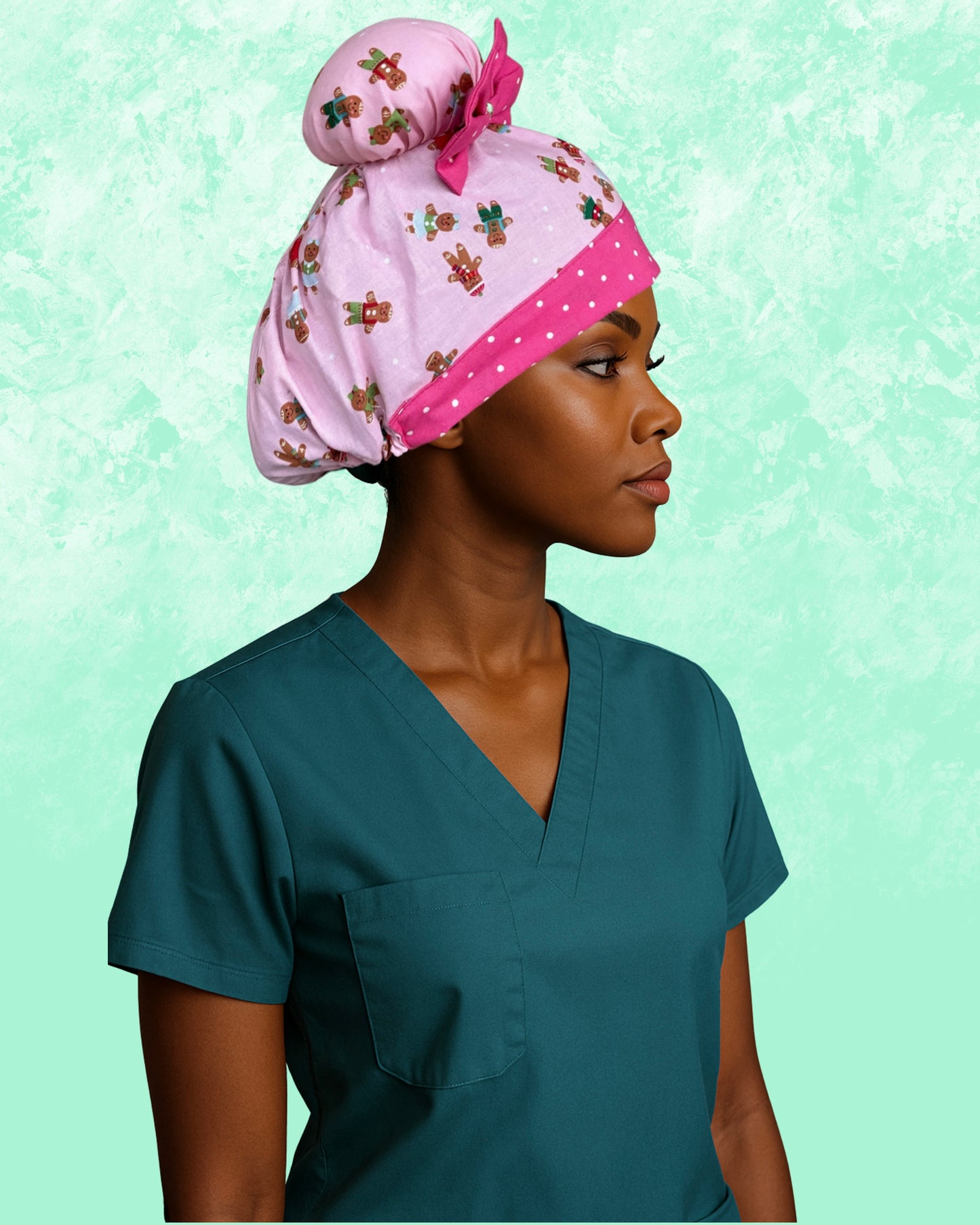 Pink Gingerbread Cuties ScruBunz – Featuring Holiday Vibes Scrub Cap for Nurses with Cute Gingerbread Cookies