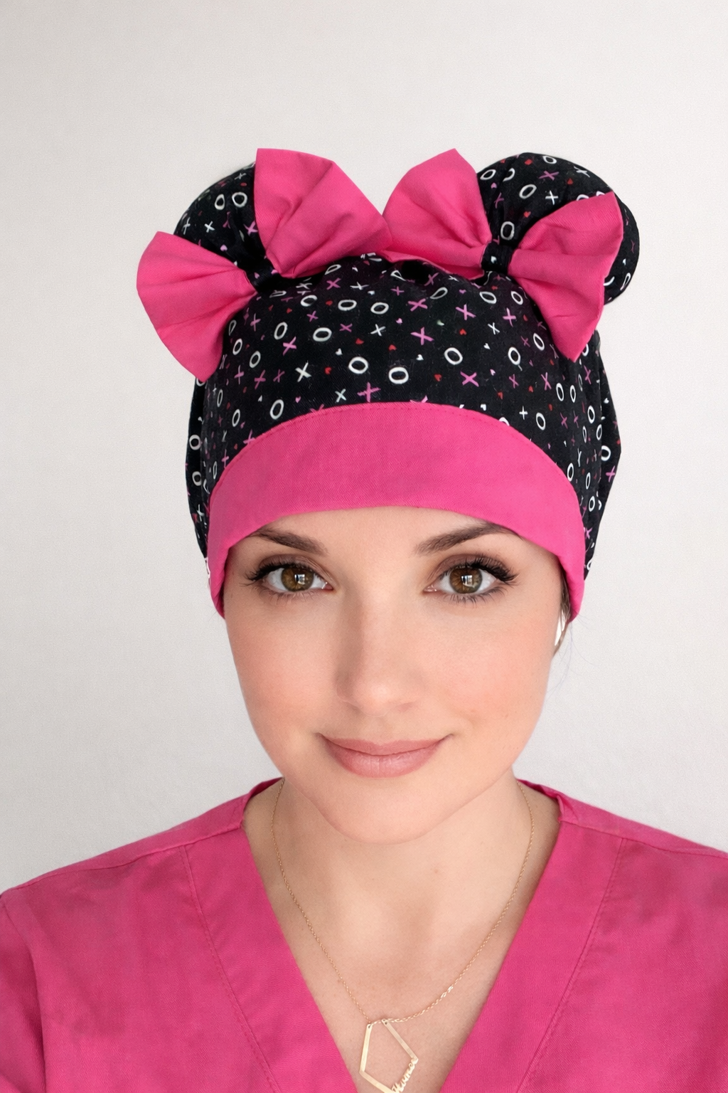 XOXO Scrub Cap – Double Bun ScruBunz | Cute Nurse Hat with Pink Bows, Handmade Surgical Cap, OR Cap for Women