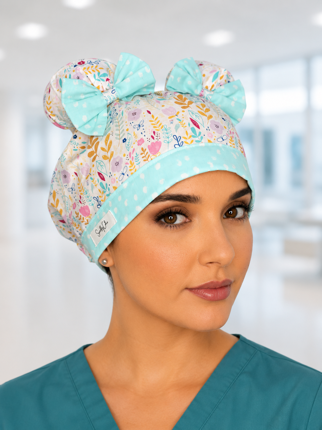 Mint to Be ScruBunz – Floral Double Bun Scrub Cap for Nurses with Mint Bow Detail