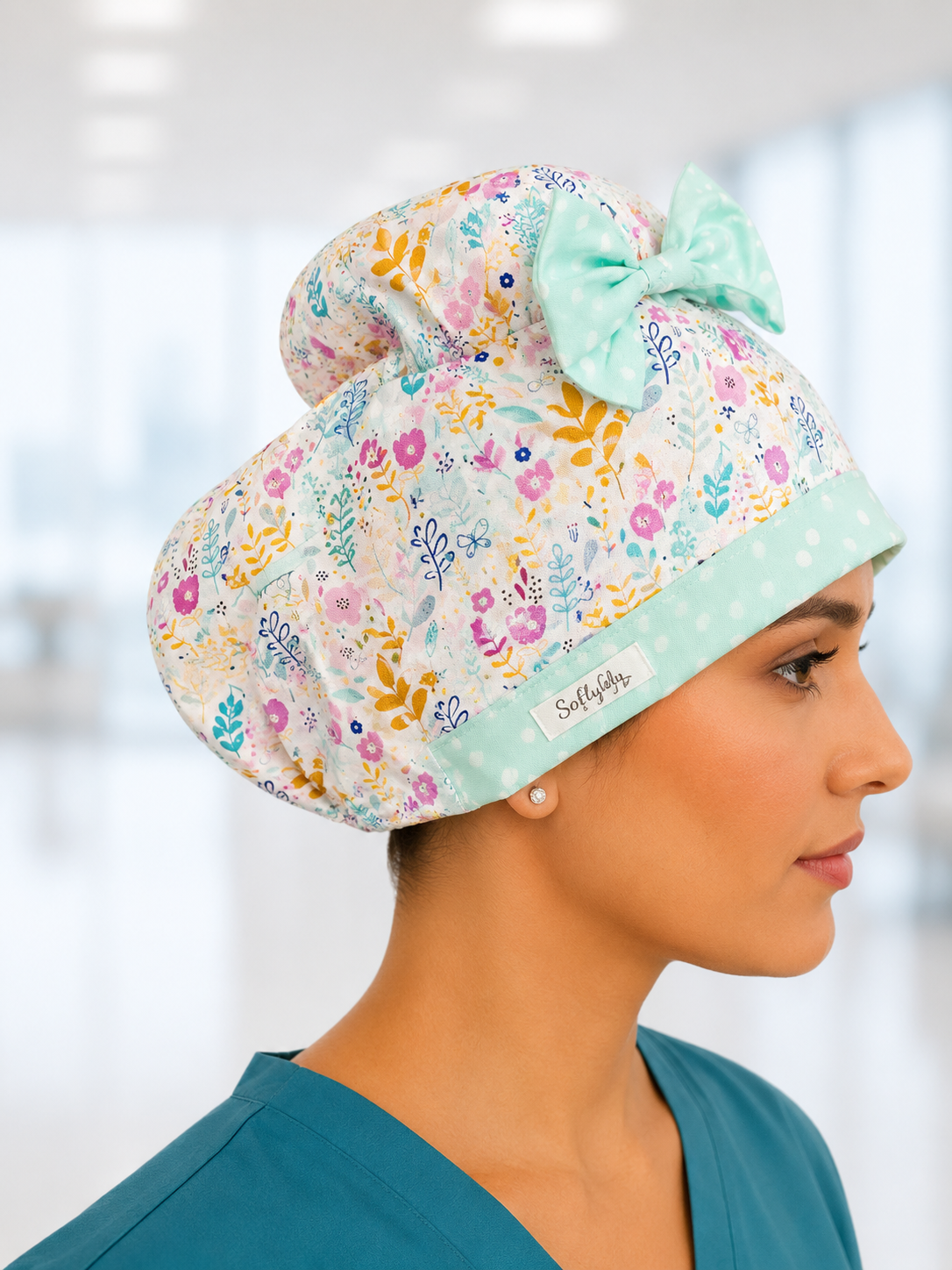 Mint to Be ScruBunz – Floral Double Bun Scrub Cap for Nurses with Mint Bow Detail