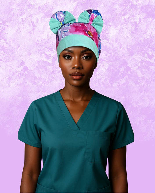 Bloom Bright ScruBunz – Vibrant Floral Scrub Cap for Nurses with Aqua Accents and Double Space Buns