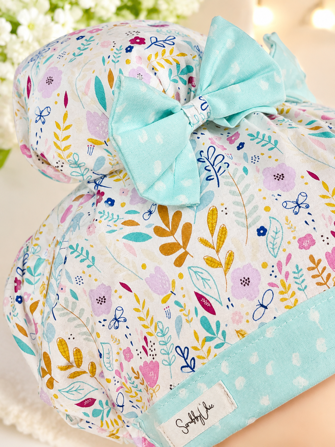 Mint to Be ScruBunz – Floral Double Bun Scrub Cap for Nurses with Mint Bow Detail
