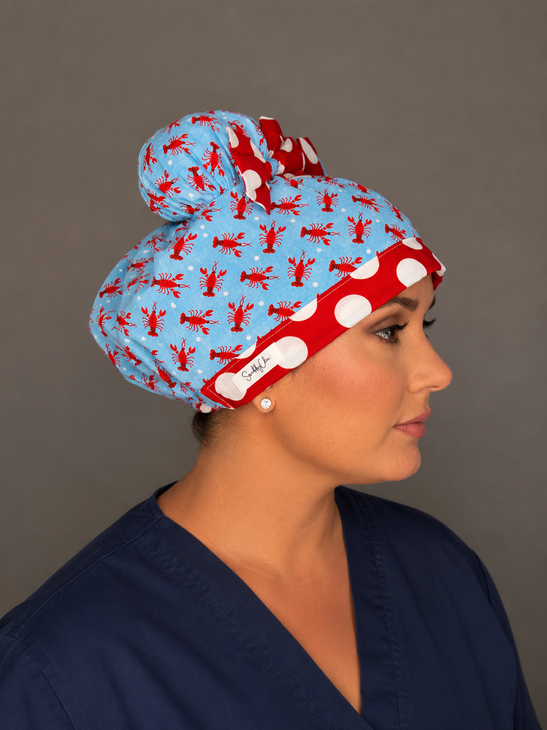 Lobster Lover ScruBunz – Coastal Cutie Scrub Cap for Nurses with Signature Double Space Buns