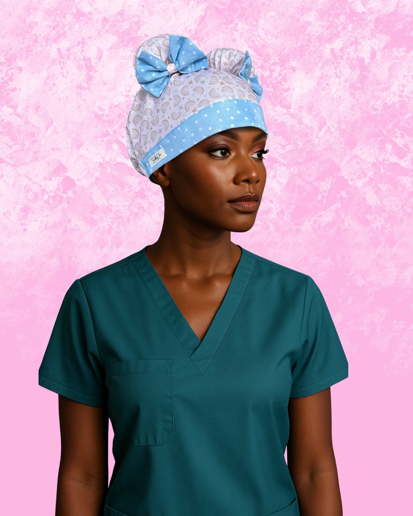 Blue Skies & Rainbows ScruBunz – Pastel Scrub Cap for Nurses with Dreamy Blue Accents and Signature Double Buns