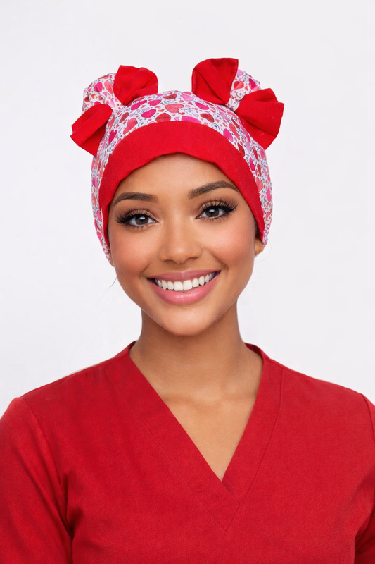 Heart Print Scrub Cap – Double Bun ScruBunz | Cute Girly Nurse Hat with Red Bows, Handmade Surgical Cap, OR Cap for Women