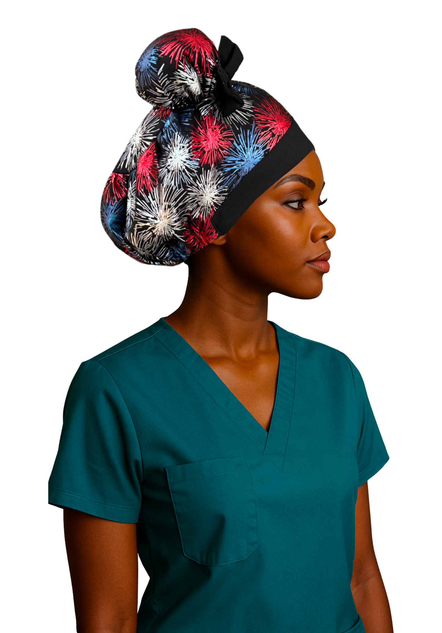 Fireworks ScruBunz – Featuring Bold Fireworks Scrub Cap for Nurses with Metallic Red White and Blue Fire Crackers on a Black Background