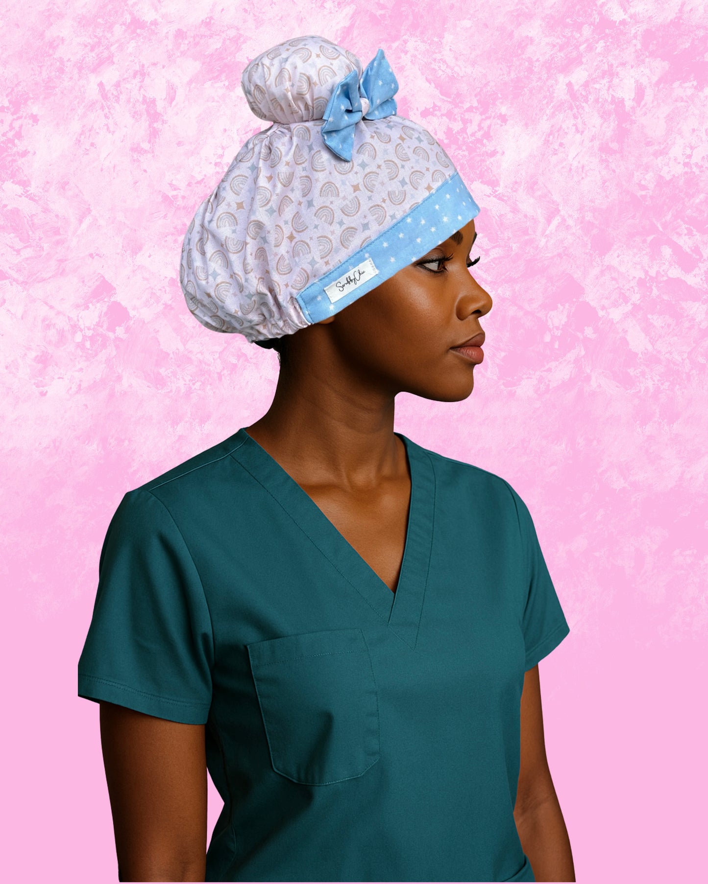 Blue Skies & Rainbows ScruBunz – Pastel Scrub Cap for Nurses with Dreamy Blue Accents and Signature Double Buns