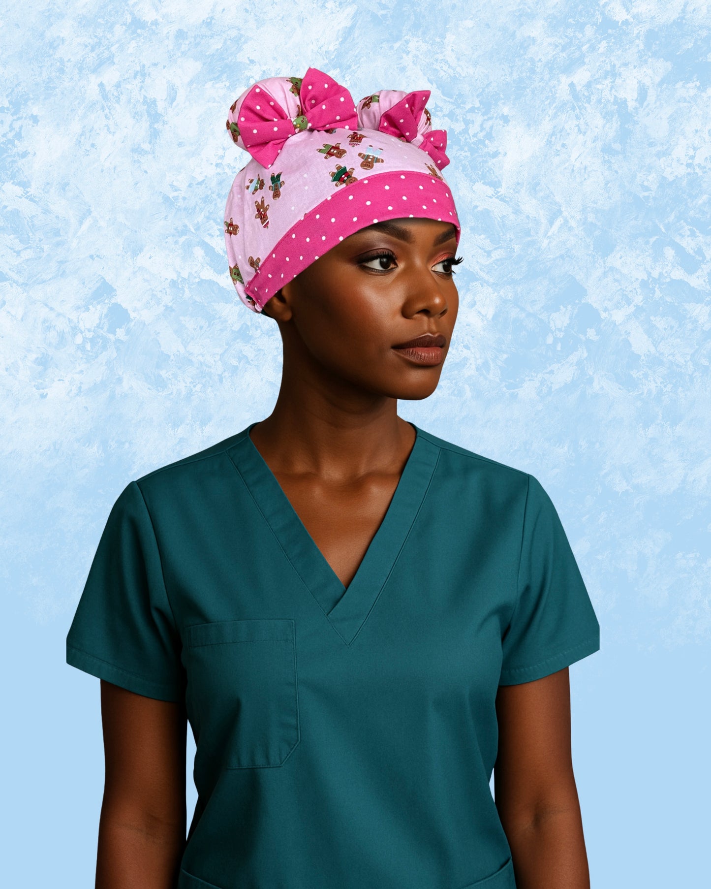 Pink Gingerbread Cuties ScruBunz – Featuring Holiday Vibes Scrub Cap for Nurses with Cute Gingerbread Cookies