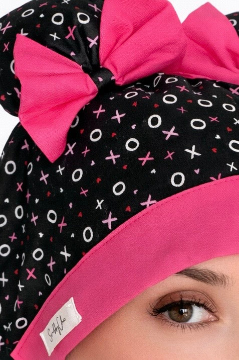XOXO Scrub Cap – Double Bun ScruBunz | Cute Nurse Hat with Pink Bows, Handmade Surgical Cap, OR Cap for Women