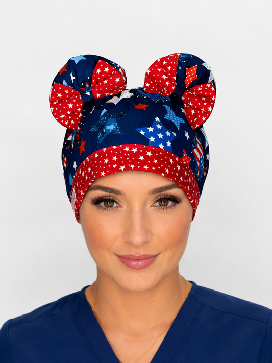 Star Spangled Sweetie ScruBunz – Patriotic Scrub Cap for Nurses with Removable Buns & Red White Blue Firework Print