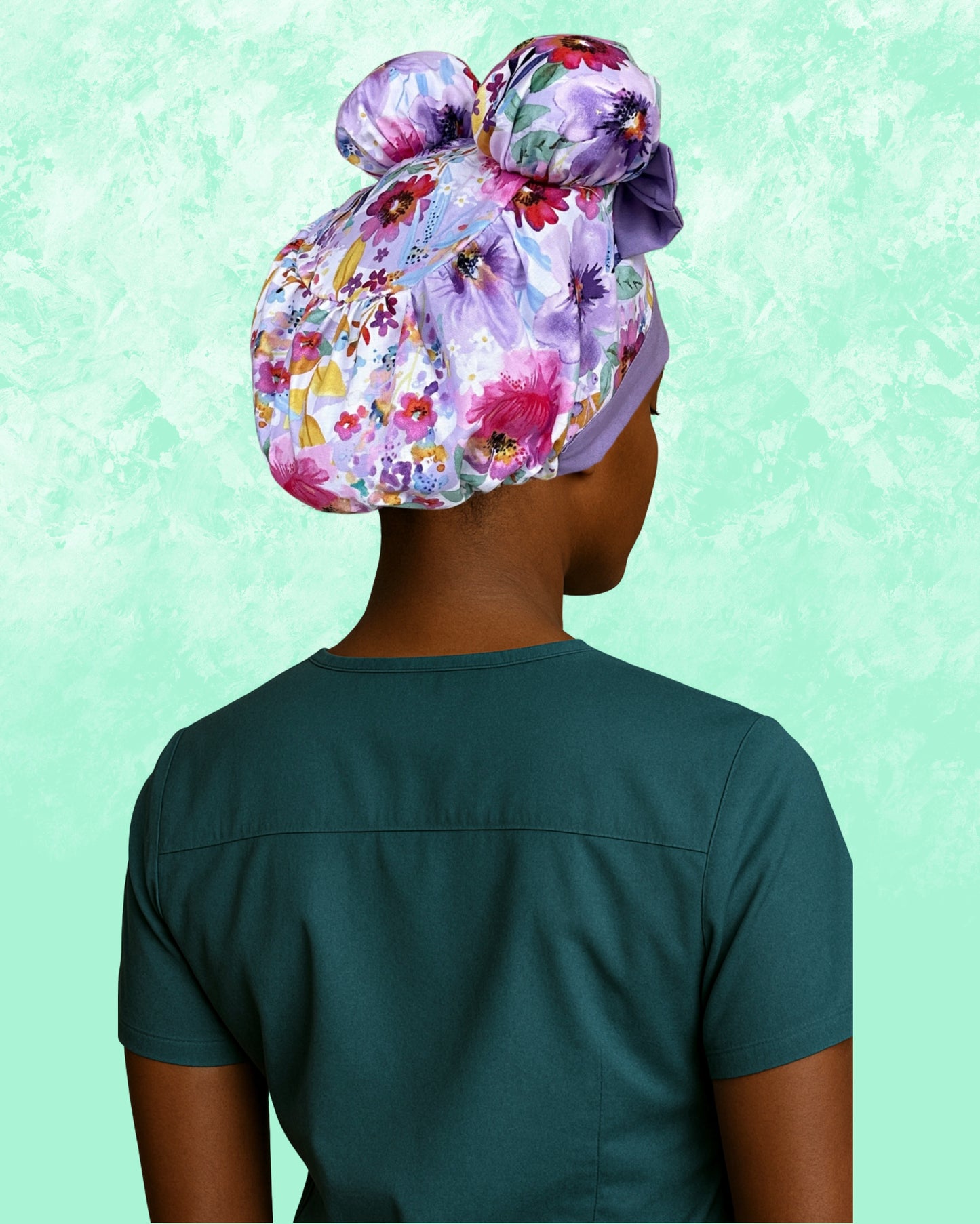 Lavender Bloom ScruBunz – Watercolor Floral Scrub Cap for Nurses with Lilac Accents and Double Space Buns