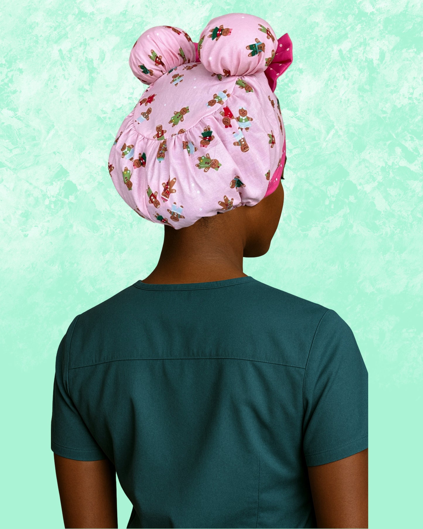 Pink Gingerbread Cuties ScruBunz – Featuring Holiday Vibes Scrub Cap for Nurses with Cute Gingerbread Cookies