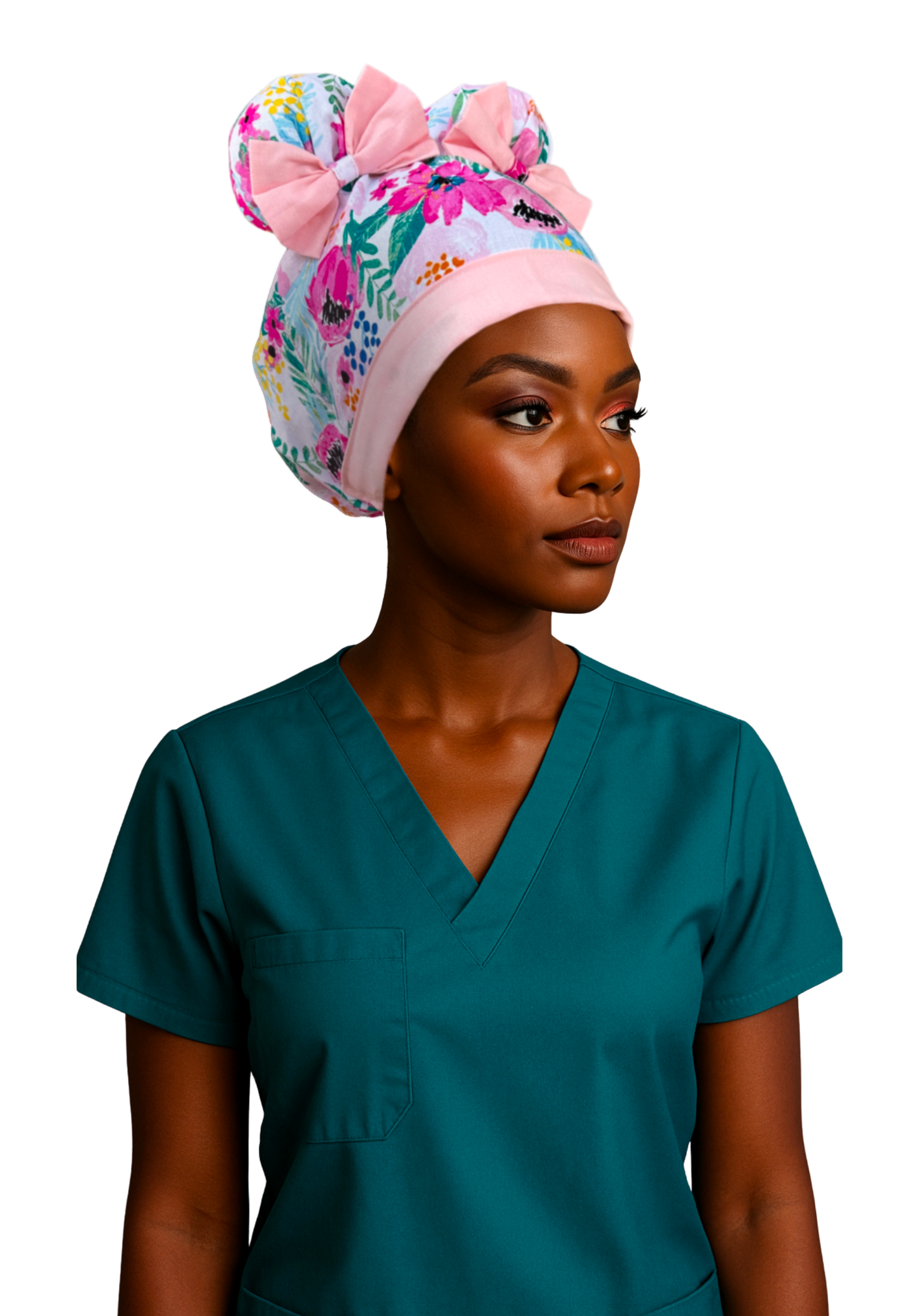 Midday Bloom ScruBunz– Featuring Soft Pink Floral Scrub Cap for Nurses with Fuchsia Watercolor Flowers and Leaves