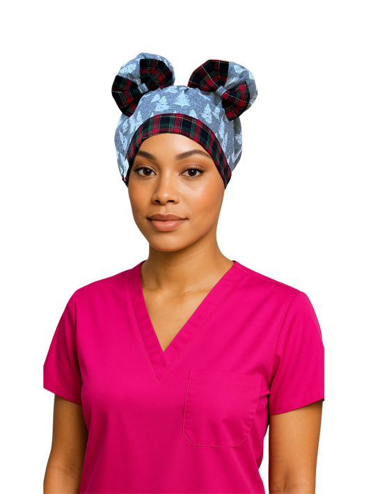 Holiday Plaid & Pine ScruBunz – Festive Winter Scrub Cap for Nurses with Classic Plaid & Pine Trees
