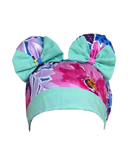 Bloom Bright ScruBunz – Vibrant Floral Scrub Cap for Nurses with Aqua Accents and Double Space Buns