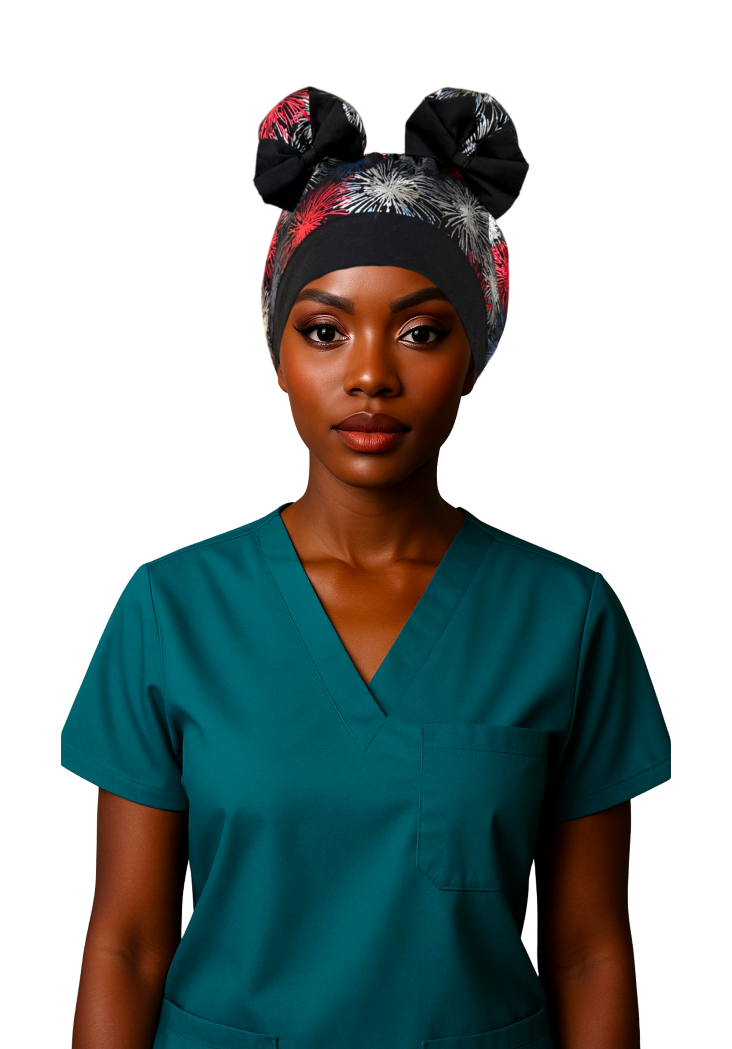 Fireworks ScruBunz – Featuring Bold Fireworks Scrub Cap for Nurses with Metallic Red White and Blue Fire Crackers on a Black Background