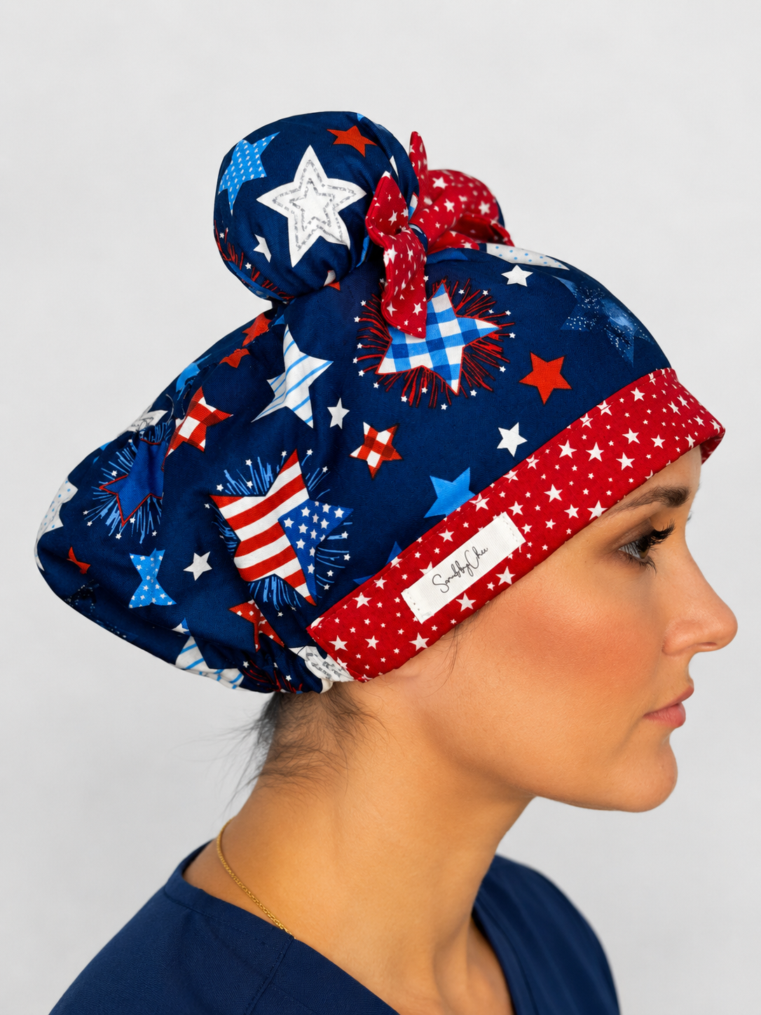 Star Spangled Sweetie ScruBunz – Patriotic Scrub Cap for Nurses with Removable Buns & Red White Blue Firework Print