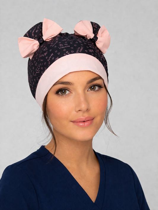 Heart Print Scrub Cap – Double Bun ScruBunz Blush Bow Scrub Cap – Double Bun ScruBunz | Cute Girly Nurse Hat, Pink & Black Feminine Surgical Cap, OR Cap for Women