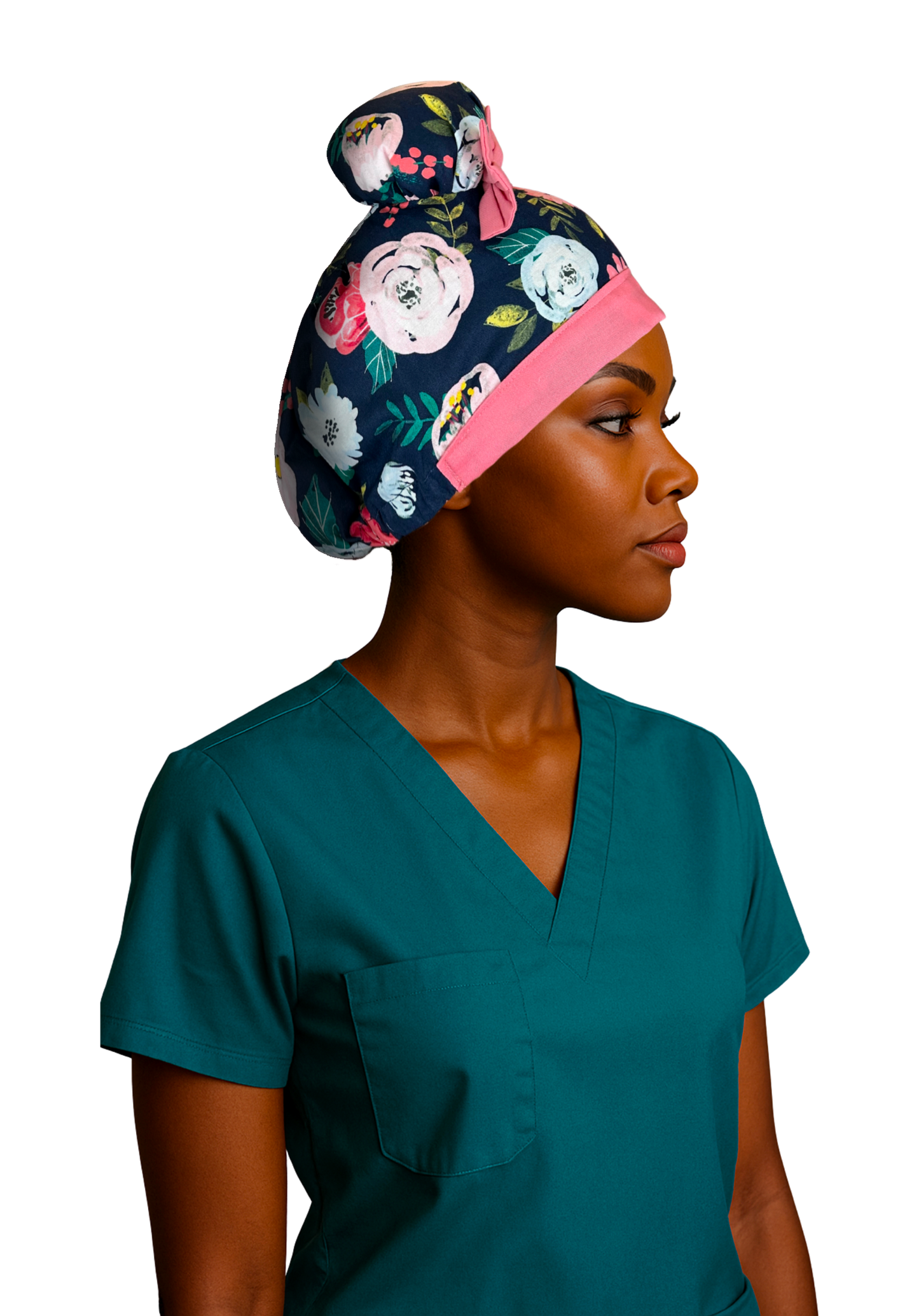Midnight Bloom ScruBunz - featuring Soft Pink Watercolor Floral Print on navyblue background
