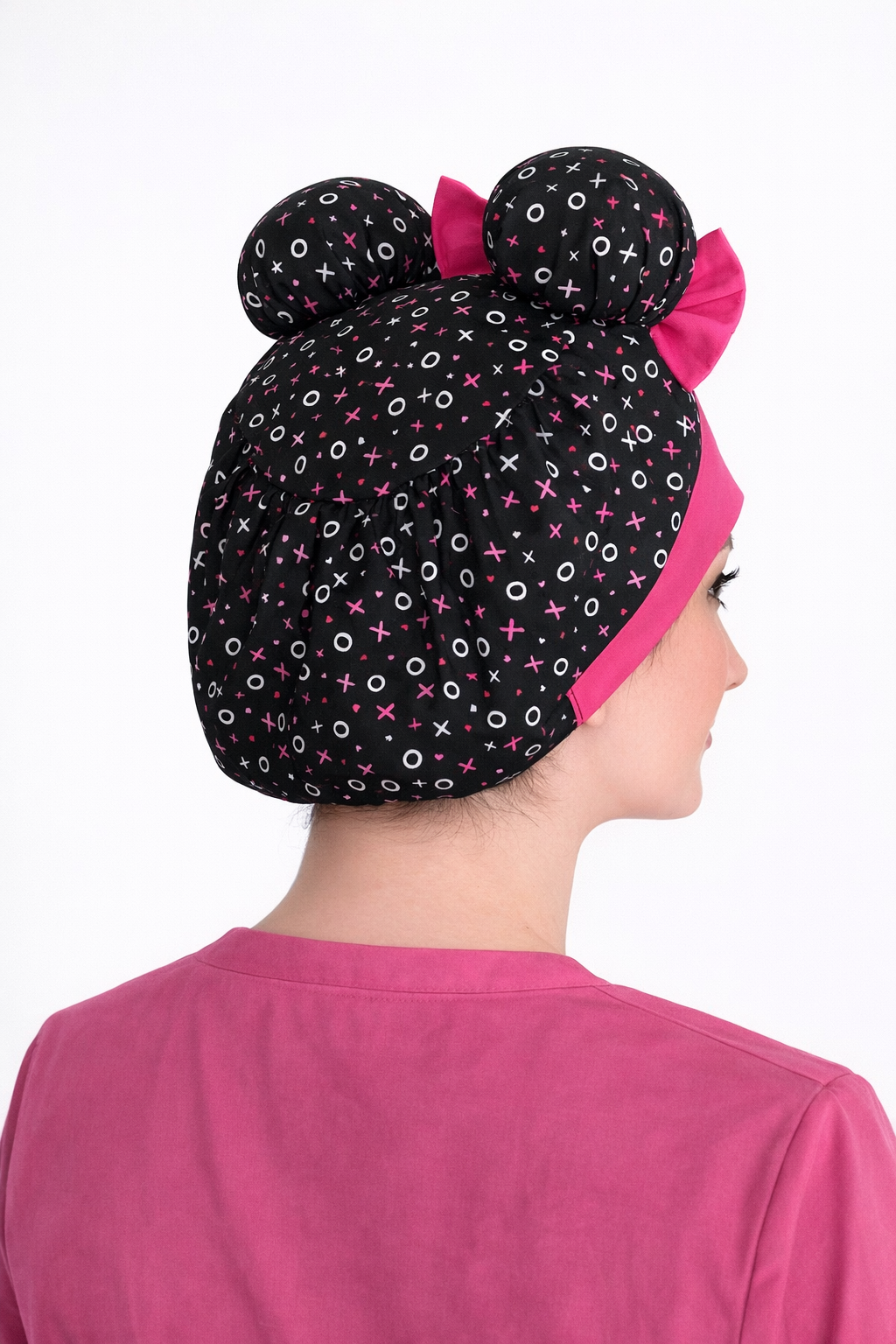 XOXO Scrub Cap – Double Bun ScruBunz | Cute Nurse Hat with Pink Bows, Handmade Surgical Cap, OR Cap for Women