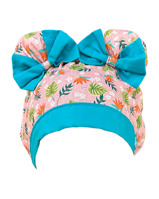 Peachy Paradise ScruBunz – Featuring Tropical Floral Scrub Cap for Nurses with Colorful Palm Leaves and a Coral Backgound