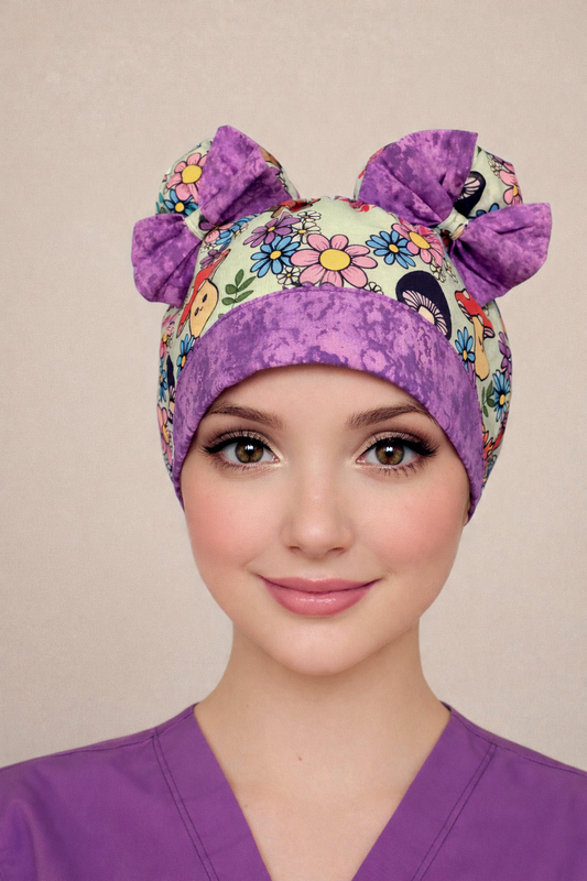 Shiitake Happens ScruBunz – Funny Mushroom & Floral Double Bun Scrub Cap for Nurses with Retro Flowers and Whimsical Garden Print