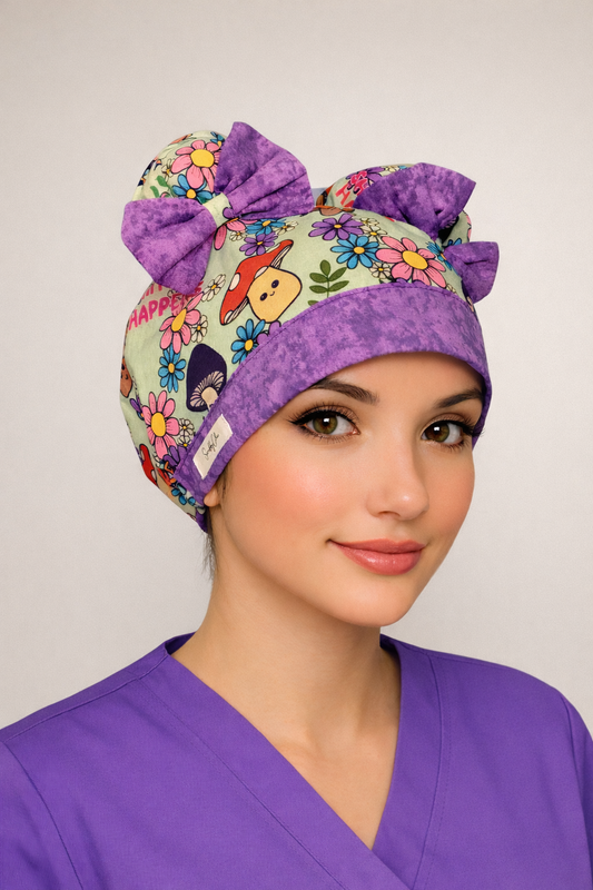Shiitake Happens ScruBunz – Funny Mushroom & Floral Double Bun Scrub Cap for Nurses with Retro Flowers and Whimsical Garden Print