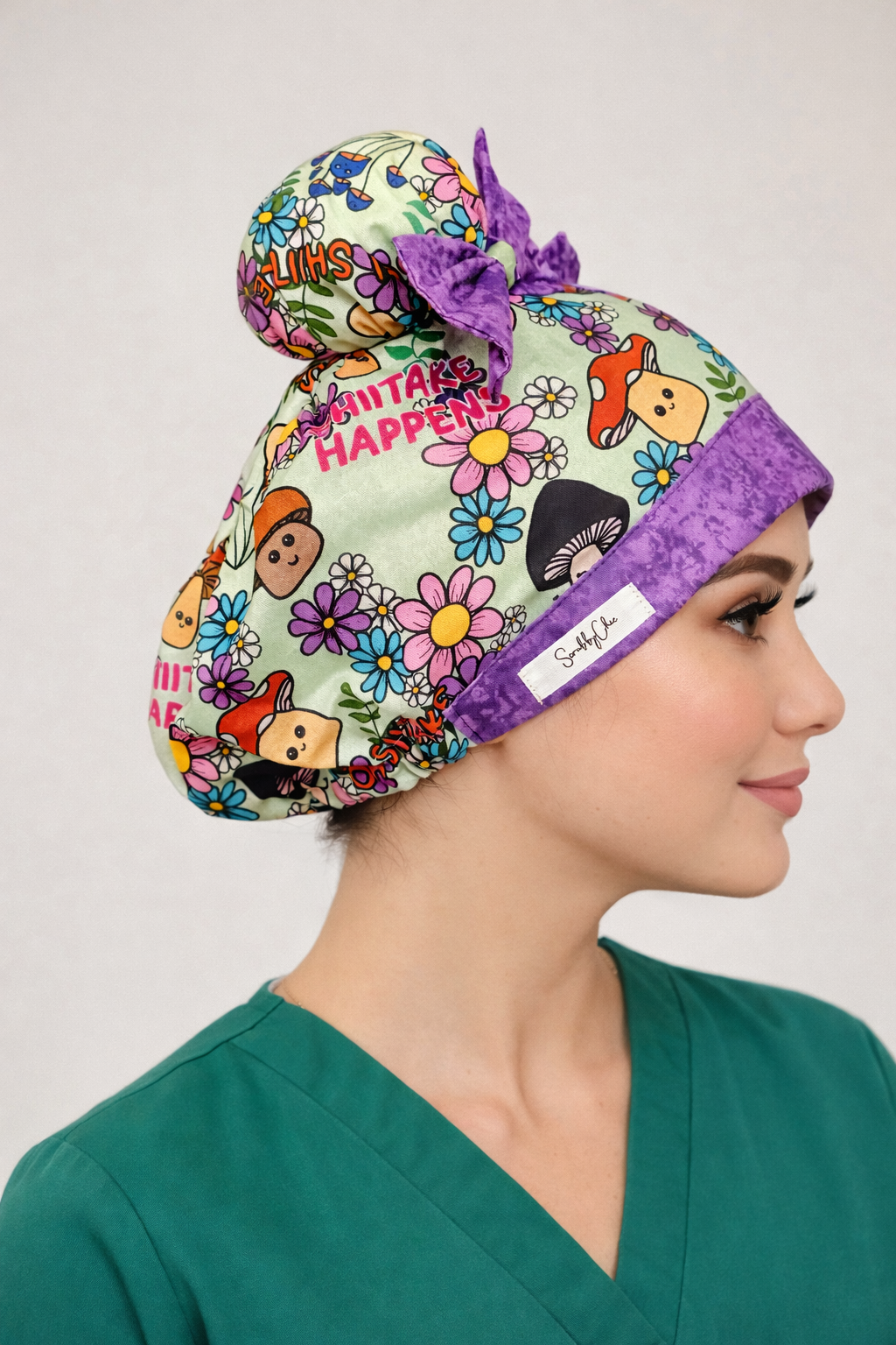 Shiitake Happens ScruBunz – Funny Mushroom & Floral Double Bun Scrub Cap for Nurses with Retro Flowers and Whimsical Garden Print