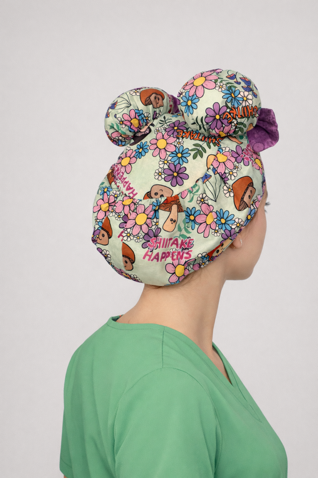 Shiitake Happens ScruBunz – Funny Mushroom & Floral Double Bun Scrub Cap for Nurses with Retro Flowers and Whimsical Garden Print