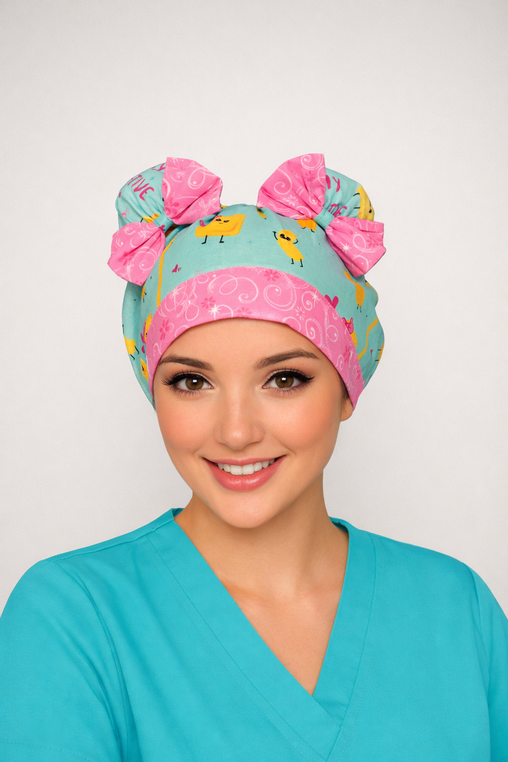 Stay Pasta-Tive ScruBunz – Cute Pasta Print Scrub Cap with Kawaii Noodles & Double Bun Design for Nurses | Fun Food-Themed Surgical Cap