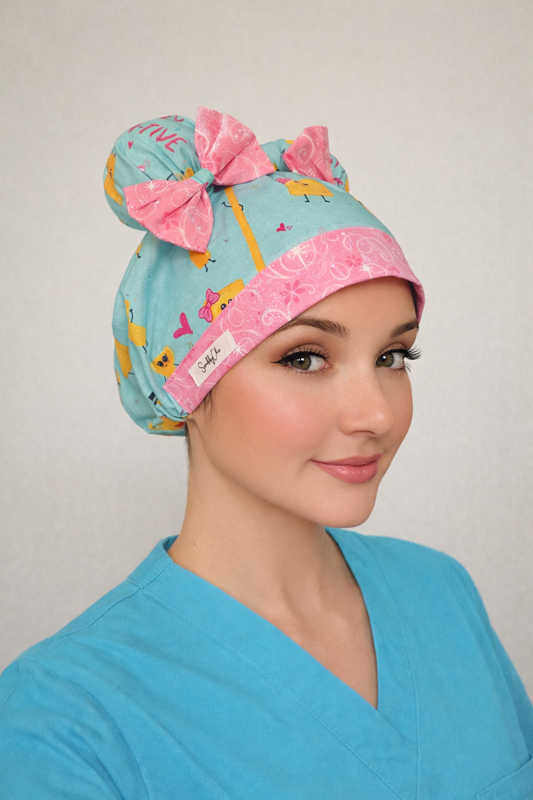 Stay Pasta-Tive ScruBunz – Cute Pasta Print Scrub Cap with Kawaii Noodles & Double Bun Design for Nurses | Fun Food-Themed Surgical Cap