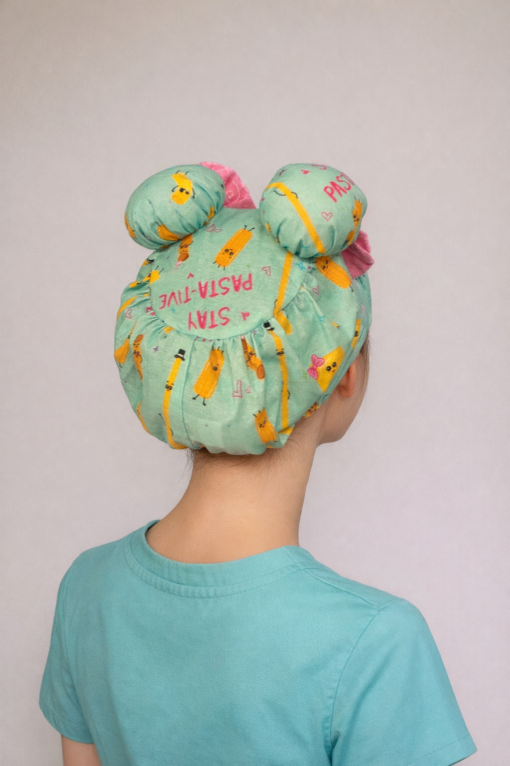Stay Pasta-Tive ScruBunz – Cute Pasta Print Scrub Cap with Kawaii Noodles & Double Bun Design for Nurses | Fun Food-Themed Surgical Cap
