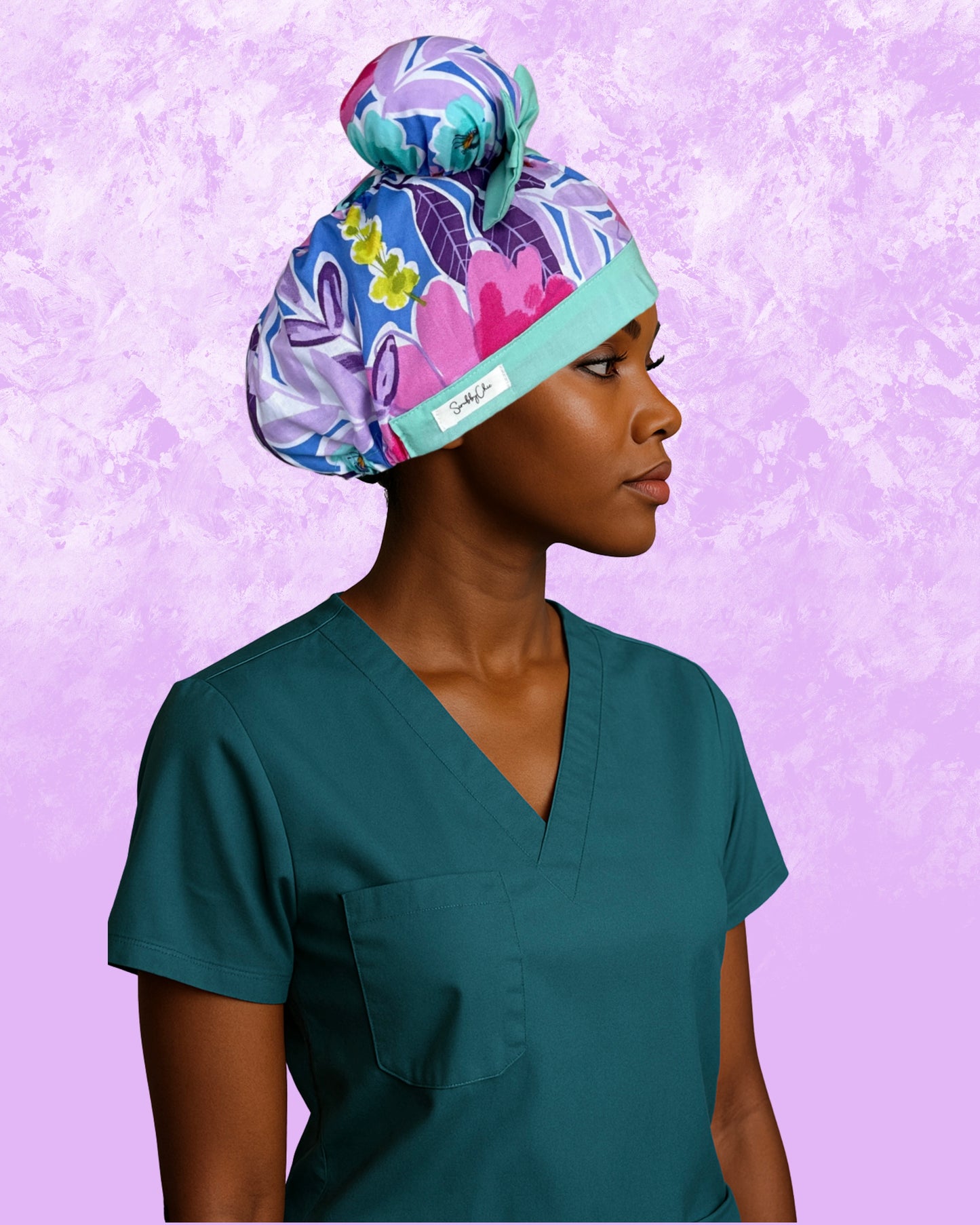 Bloom Bright ScruBunz – Vibrant Floral Scrub Cap for Nurses with Aqua Accents and Double Space Buns