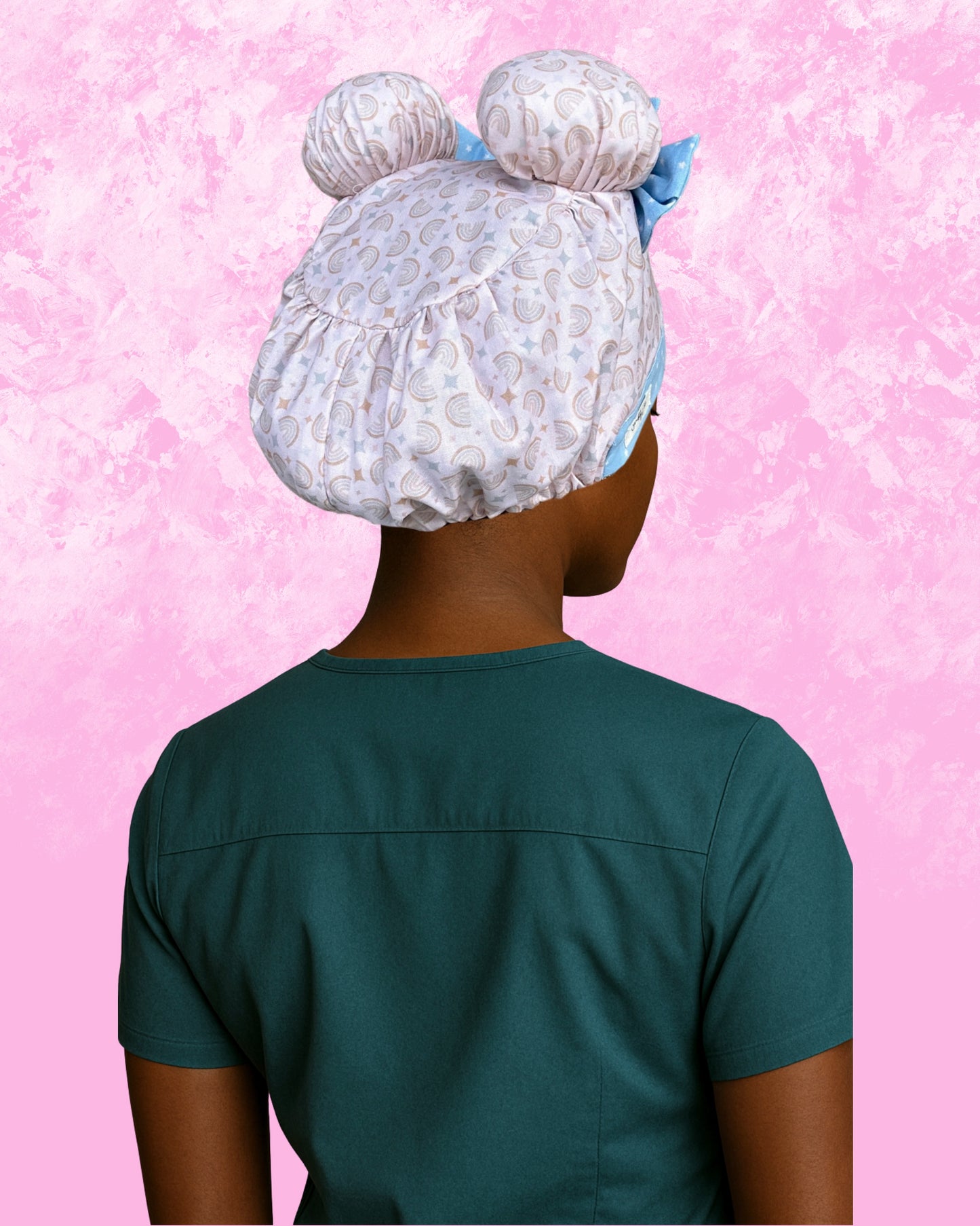 Blue Skies & Rainbows ScruBunz – Pastel Scrub Cap for Nurses with Dreamy Blue Accents and Signature Double Buns