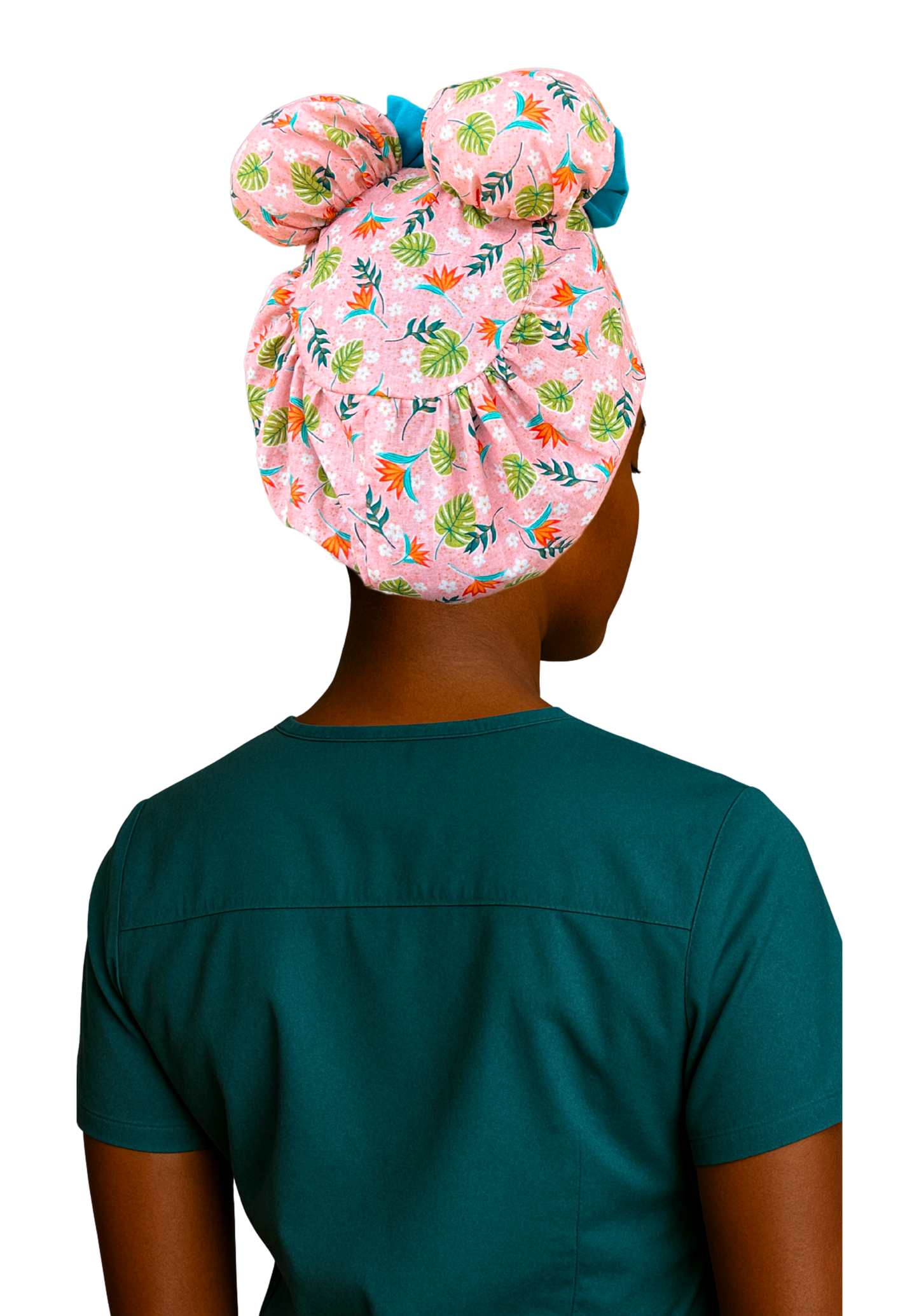 Peachy Paradise ScruBunz – Featuring Tropical Floral Scrub Cap for Nurses with Colorful Palm Leaves and a Coral Backgound