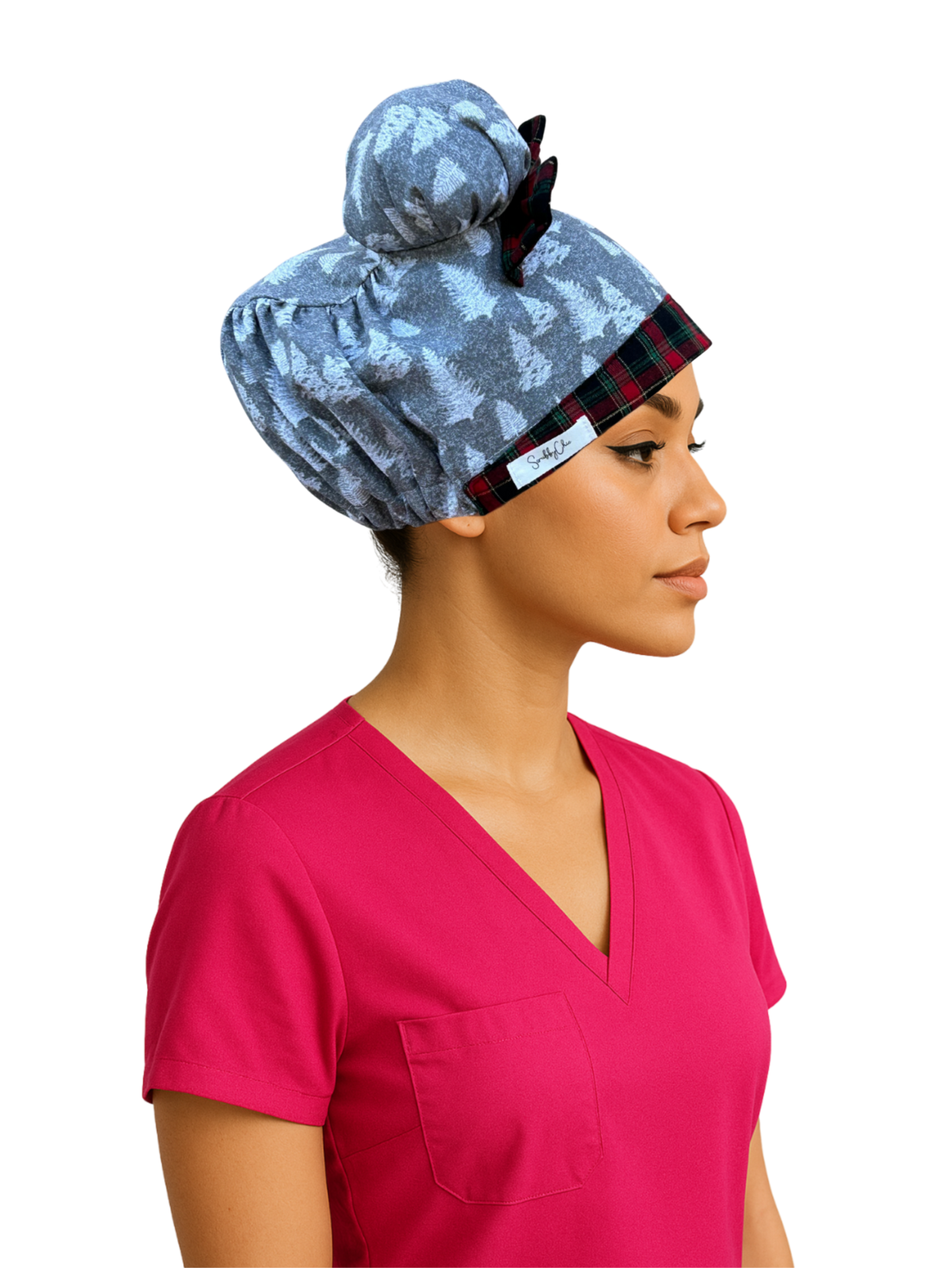 Holiday Plaid & Pine ScruBunz – Festive Winter Scrub Cap for Nurses with Classic Plaid & Pine Trees