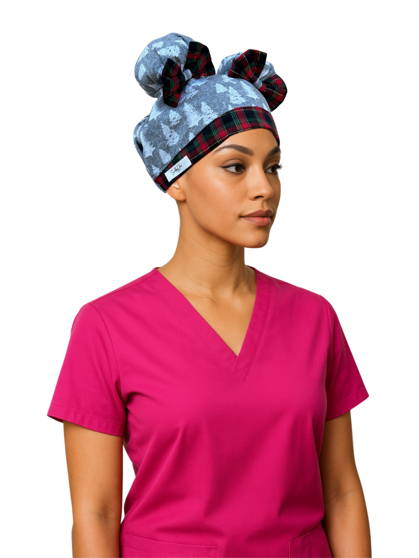 Holiday Plaid & Pine ScruBunz – Festive Winter Scrub Cap for Nurses with Classic Plaid & Pine Trees