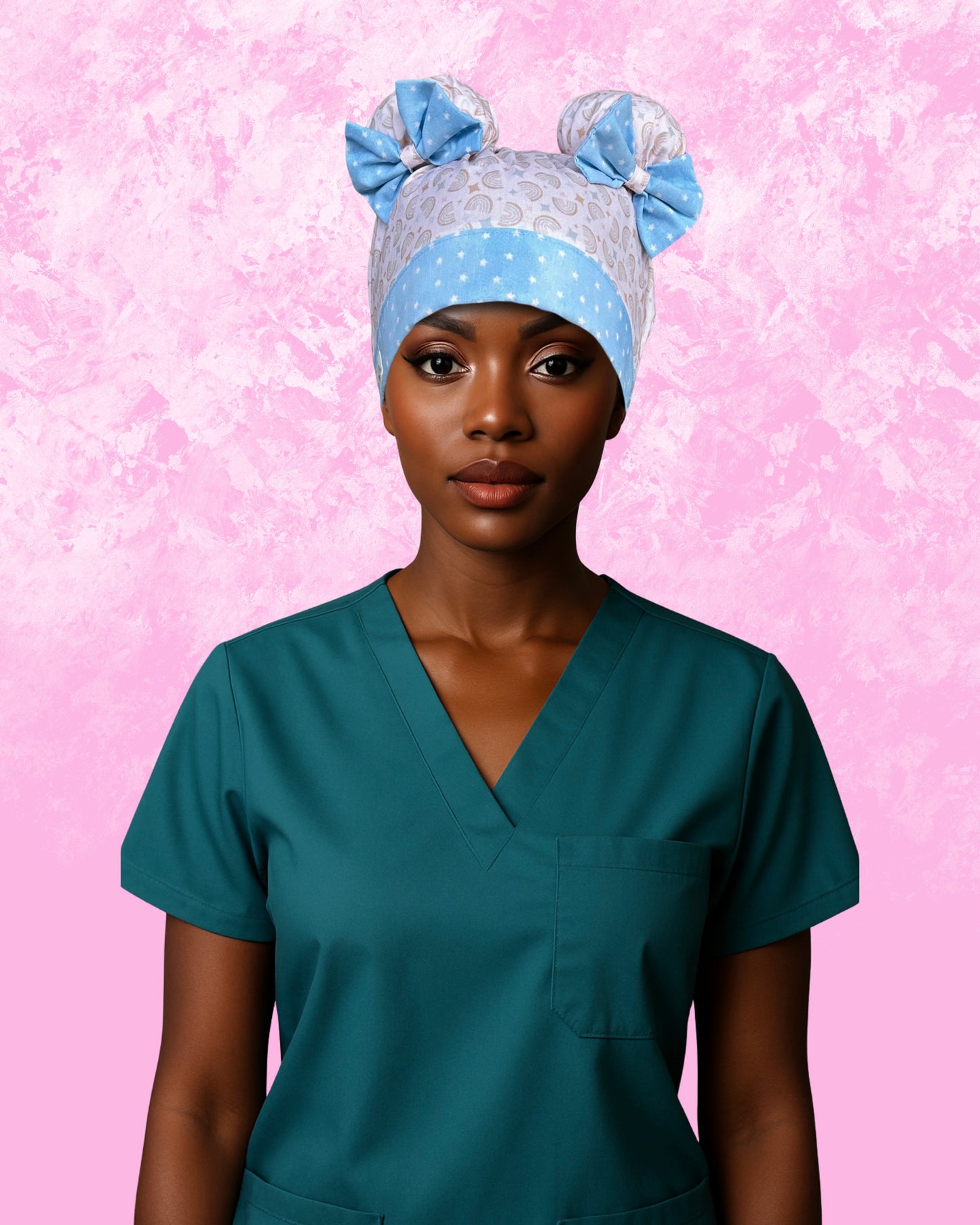 Blue Skies & Rainbows ScruBunz – Pastel Scrub Cap for Nurses with Dreamy Blue Accents and Signature Double Buns