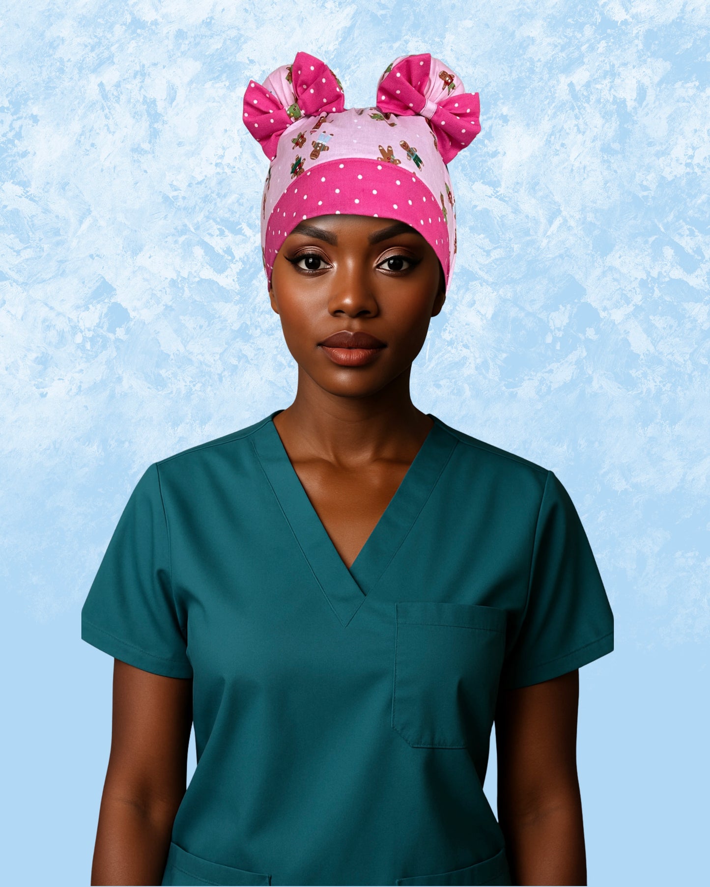 Pink Gingerbread Cuties ScruBunz – Featuring Holiday Vibes Scrub Cap for Nurses with Cute Gingerbread Cookies