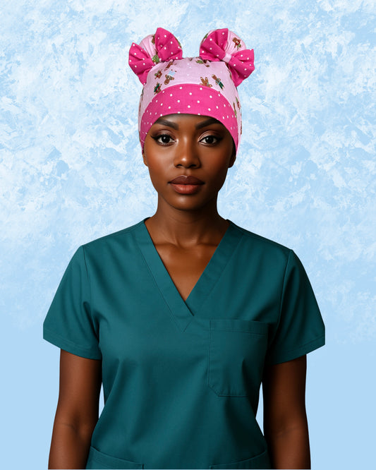 Pink Gingerbread Cuties ScruBunz – Featuring Holiday Vibes Scrub Cap for Nurses with Cute Gingerbread Cookies