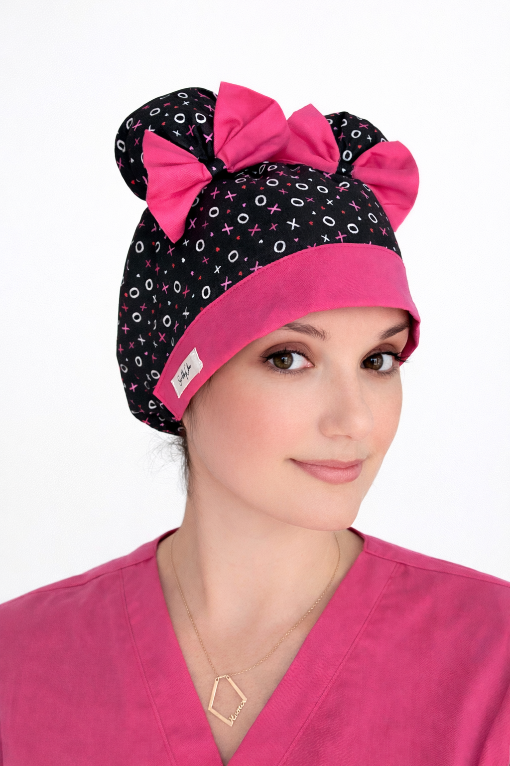 XOXO Scrub Cap – Double Bun ScruBunz | Cute Nurse Hat with Pink Bows, Handmade Surgical Cap, OR Cap for Women