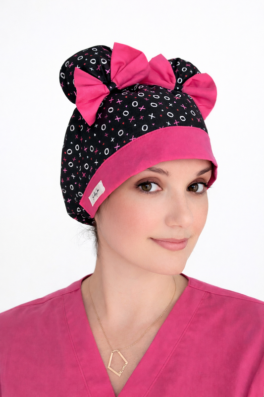 XOXO Scrub Cap – Double Bun ScruBunz | Cute Nurse Hat with Pink Bows, Handmade Surgical Cap, OR Cap for Women