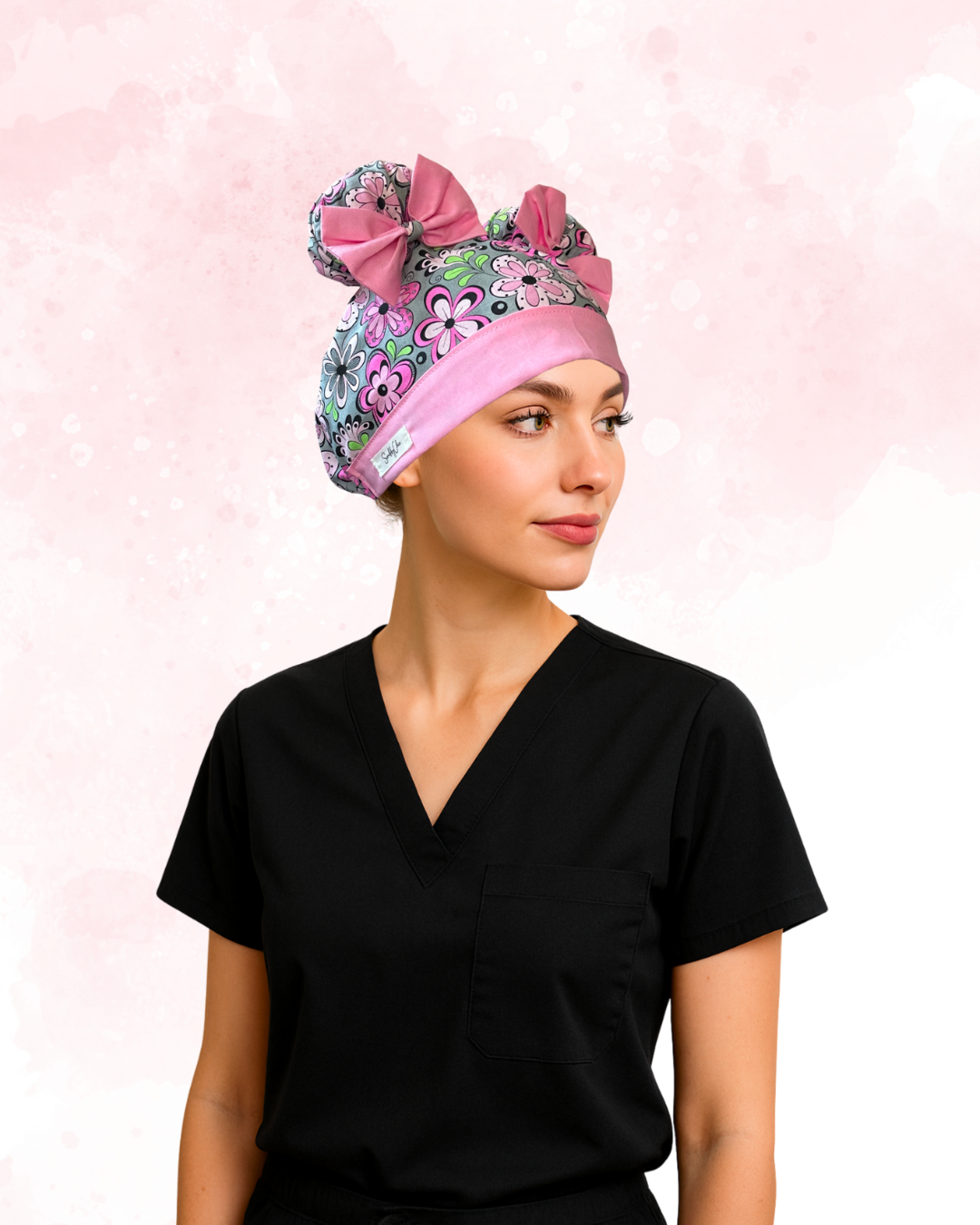 Flower Power ScruBunz – Featuring Pretty Pink Floral Scrub Cap for Nurses with Soft Gray Bakground