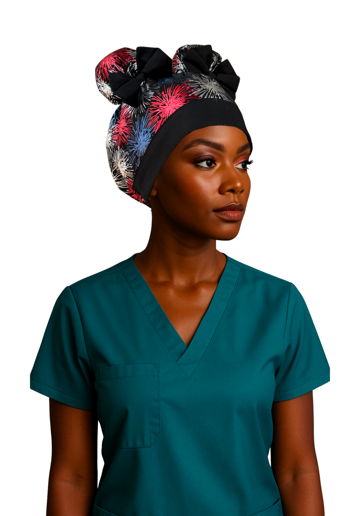 Fireworks ScruBunz – Featuring Bold Fireworks Scrub Cap for Nurses with Metallic Red White and Blue Fire Crackers on a Black Background
