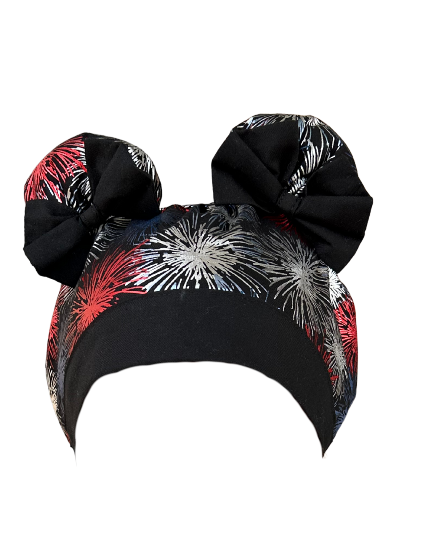 Fireworks ScruBunz – Featuring Bold Fireworks Scrub Cap for Nurses with Metallic Red White and Blue Fire Crackers on a Black Background