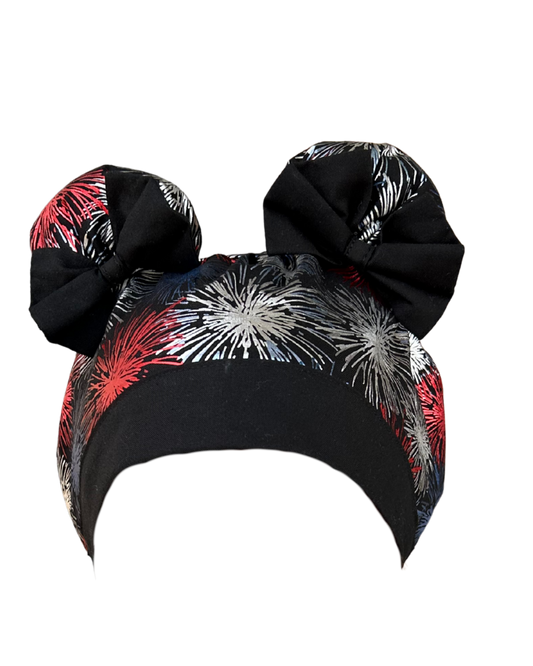 Fireworks ScruBunz – Featuring Bold Fireworks Scrub Cap for Nurses with Metallic Red White and Blue Fire Crackers on a Black Background