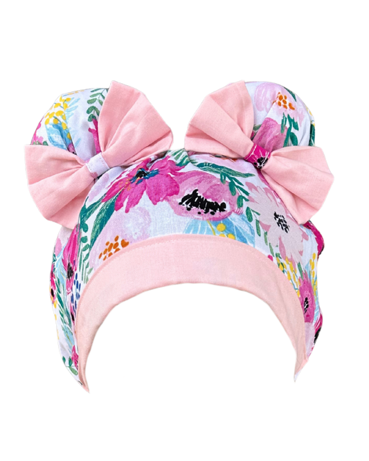 Midday Bloom ScruBunz– Featuring Soft Pink Floral Scrub Cap for Nurses with Fuchsia Watercolor Flowers and Leaves