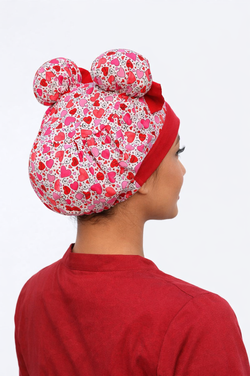 Heart Print Scrub Cap – Double Bun ScruBunz | Cute Girly Nurse Hat with Red Bows, Handmade Surgical Cap, OR Cap for Women
